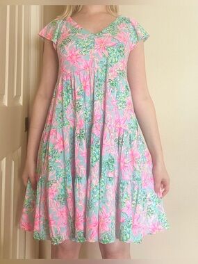Lilly Pulitzer Kawai Flutter Sleeve Swing Dress Surf Blue So Shellegant Size S